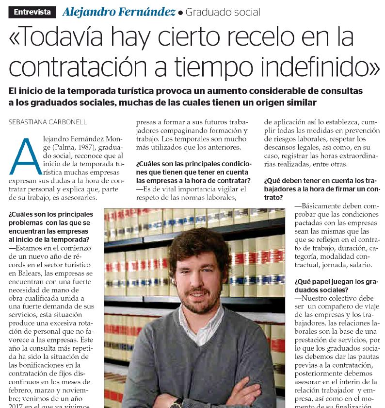 Alejandro Fernández, entrevistado por el diario Ultima Hora con motivo del inicio de la temporada turística